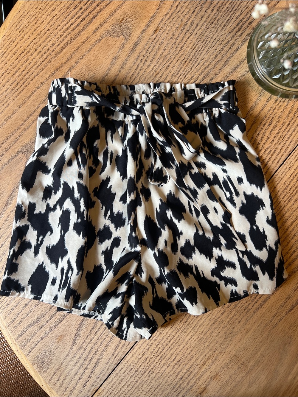 SHEIN Black & Cream Animal Print High Waist Tie Shorts